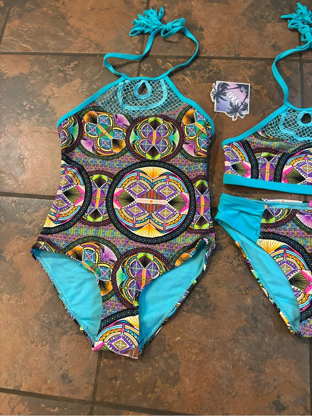 🌿YMI Turquoise Multicolor Geo Halter One-Piece & Bikini Set